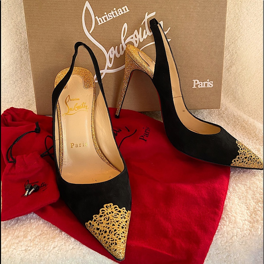 Christian Louboutin Almine Suede Gold Glitter Sling Pumps - size 37/7